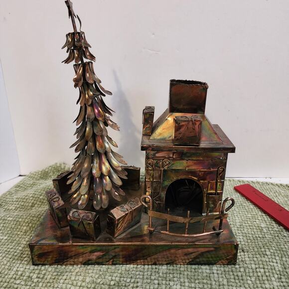 Vintage Brutalist Torch Cut Metal Christmas Music Box Fireplace Tree MCM Decor - Picture 1 of 13
